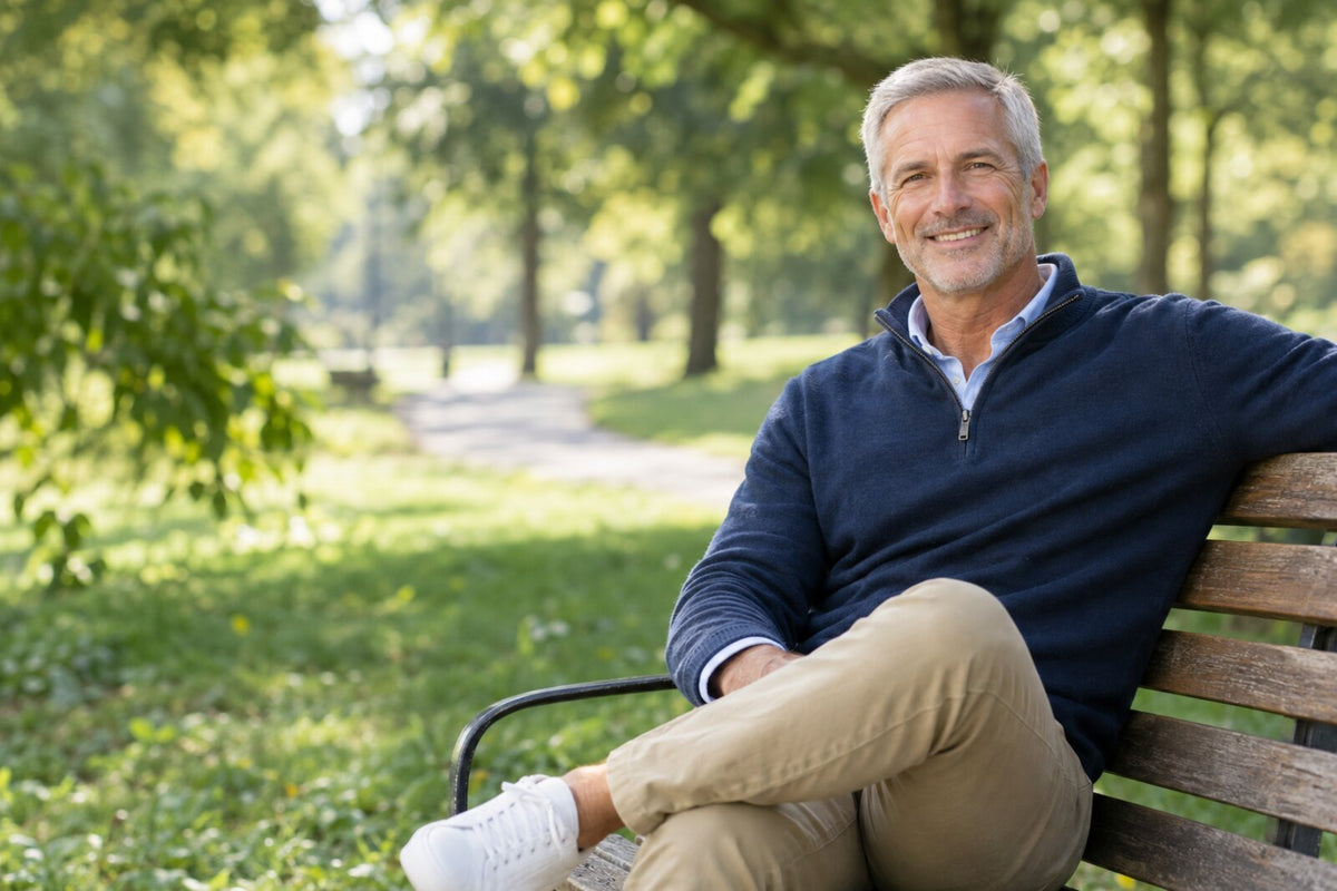 Smiling man in his sixties sitting on a park bench