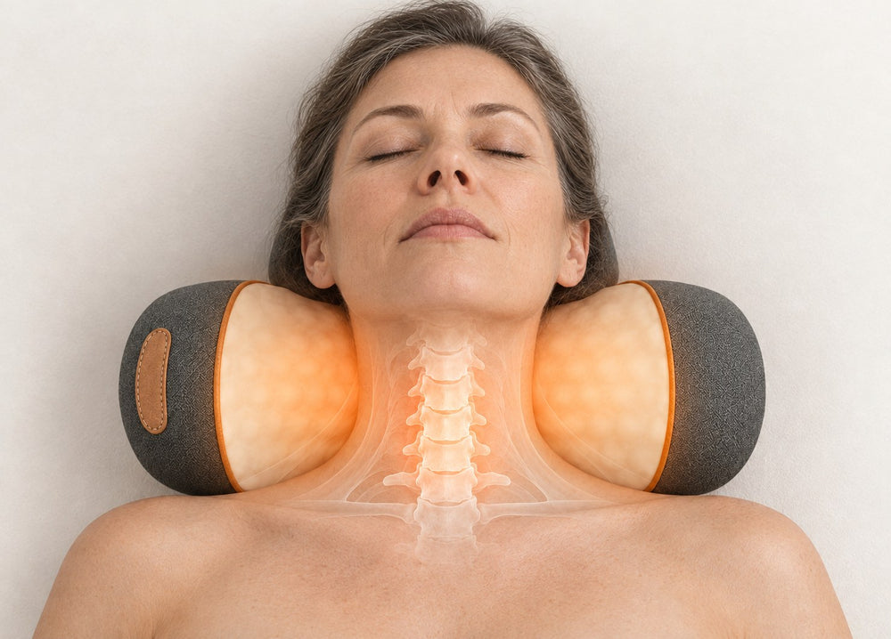 Woman relaxing on the AlleviSpine 3-in-1 Neck Pain Relief pillow